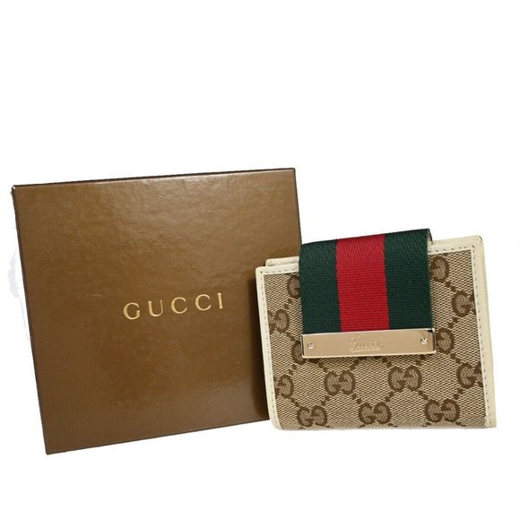 GUCCI Sherry GG Pattern Bifold Wallet Canvas Leather Brown White Gold 32RJ328 - Picture 1 of 12